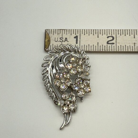 Vintage Silver-Tone Rhinestone Brooch Floral Leaf Swirl Design - Picture 7 of 7
